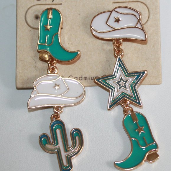 White Hats, Silver star, Aqua Boots, Cactus  3" long Western Earrings - Picture 1 of 2